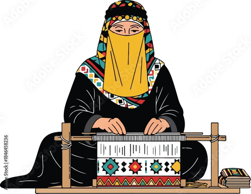 Arab Woman Weaving Traditional Textile on a Small Loom Vector Art
