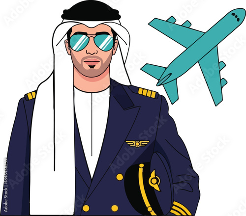 Arab Pilot Wearing Traditional Ghutra and Sunglasses with Airplane Vector Illustration