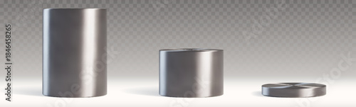 Round metal podiums of different height isolated on transparent background. Vector realistic illustration of 3d silver pedestals for product presentation, award ceremony stands, glossy steel stage