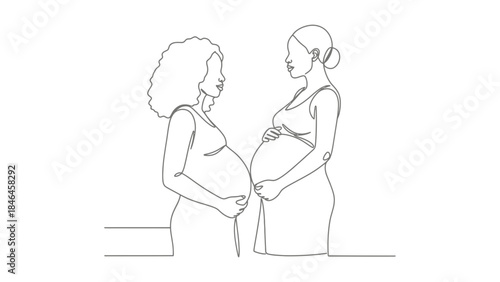 Two pregnant women standing facing each other in a line art drawing