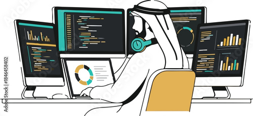 Arab Programmer Coding on Multiple Computer Screens, Flat Vector Illustration