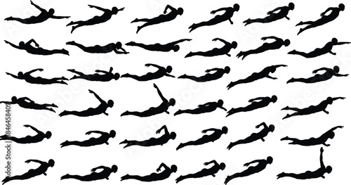 Swimming human silhouette set showing multiple freestyle and backstroke poses, underwater motion sequence, sport activity collection isolated on white background