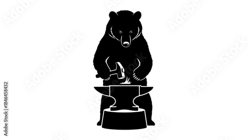 Black bear forging metal on an anvil with a hammer silhouette art