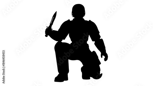 Silhouette of soldier kneeling holding a knife on a white background