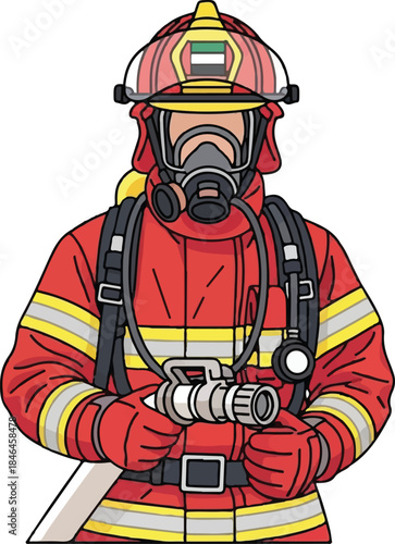 UAE Firefighter Illustration Wearing SCBA Gear and Red Uniform Holding Fire Nozzle