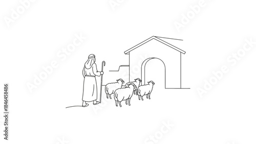 A shepherd guides sheep towards a building in a line art illustration