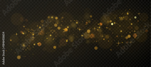 Gold dust particles with glowing bokeh light effects on dark transparent background. Festive golden confetti and shimmering stars with magical atmosphere, warm xmas flare and sparkle elements.