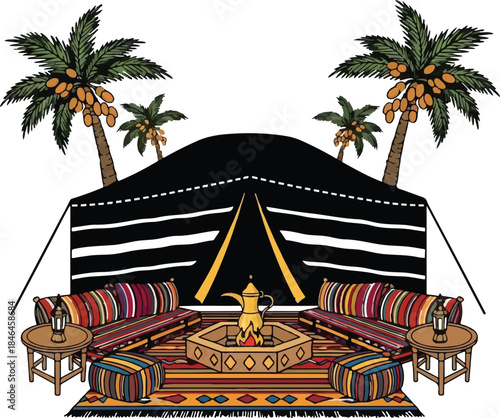 Bedouin Tent Majlis Setup Illustration with Date Palms and Traditional Arabic Dallah
