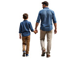 Back view of a father and young son walking hand in hand, emotional family bonding co