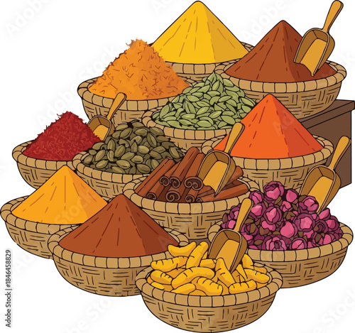 Spice Market Baskets Illustration Featuring Exotic Culinary Spices