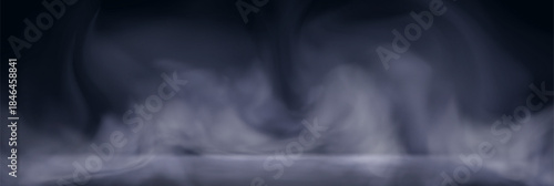 Cold smoke fog background with white mist and haze drifting over dark surface. Atmospheric steam with moody texture in black tones illuminated by soft light for dramatic or mysterious visual effect