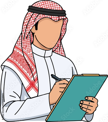 Arab Businessman Writing Notes on Clipboard Vector Illustration