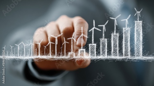 Businessman Drawing Renewable Energy Graph with Wind Turbines and Charts