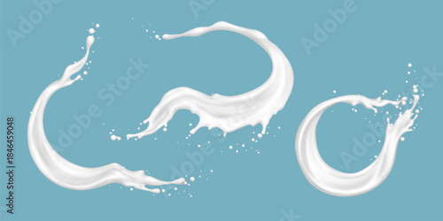 Milk splash with dynamic white waves and scattered droplets on blue. Realistic 3D liquid swirls with flowing circular motion and creamy texture for dairy product packaging and milk beverage design.