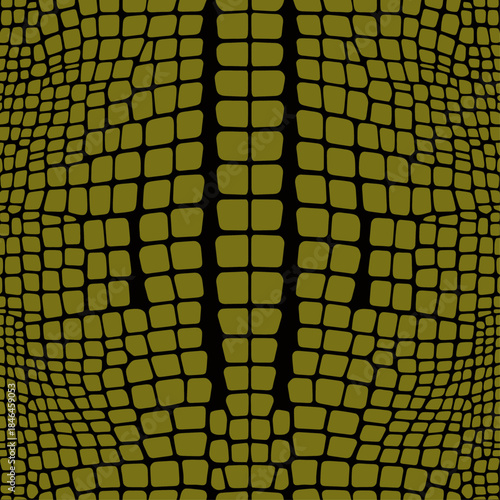 A digital pattern mimicking reptile skin features a central spine of large olive-green plates, flanked by symmetrical, curving rows of smaller geometric scales set against a deep black background