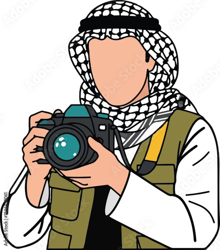 Arab Photographer Wearing Keffiyeh Holding DSLR Camera Vector Illustration