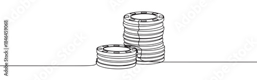 Continuous one line drawing of poker chips. Vector illustration of stacked casino tokens isolated on white background. Minimalist gambling concept