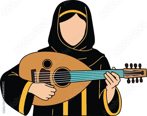 Arab Woman Playing Traditional Oud Musical Instrument Vector Illustration