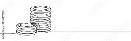 Continuous one line drawing of poker chips. Vector illustration of stacked casino tokens isolated on white background. Minimalist gambling concept