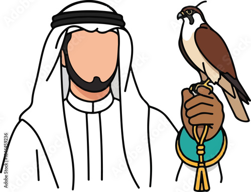 Arab Man Falconry Illustration in Traditional Middle Eastern Attire