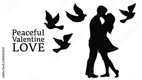 Couple embracing with doves flying around them on white background, symbolizing peaceful love and romance on valentine's day