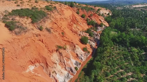 Aerial view of the Fairy Stream in Mui Ne: striking red sandstone formations and lush green jungle under a clear blue sky.