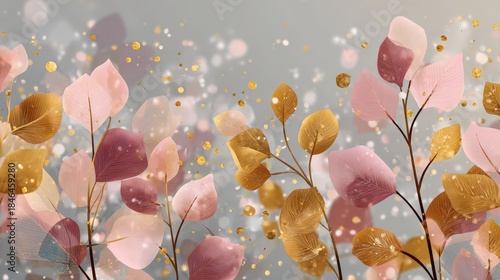 Delicate Leaves and Sparkling Bokeh in Soft Pastel Colors for Background Design