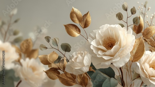 Elegant White Flowers with Golden Leaves on Soft Background for Home Decor