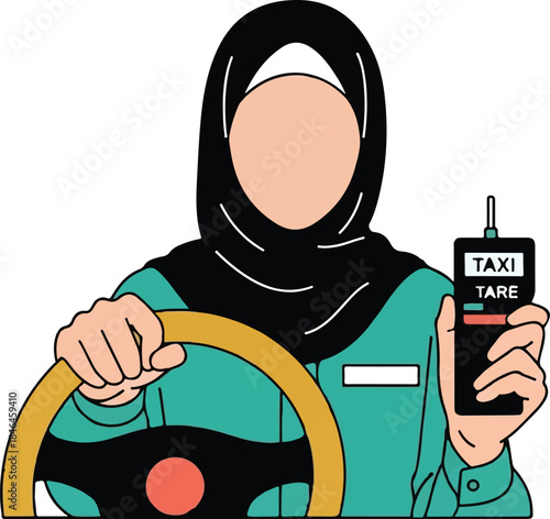 Muslim Taxi Driver Woman Holding Taximeter and Steering Wheel