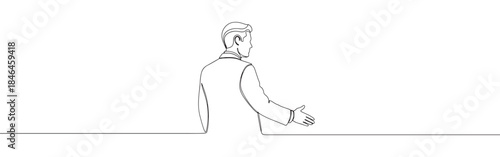 Continuous one line drawing of a businessman offering a handshake. Vector illustration of greeting gesture isolated on white background. Minimalist concept