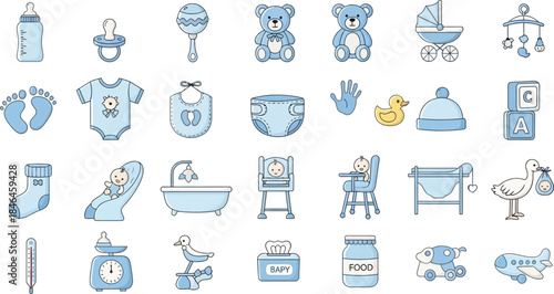 Adorable blue baby essentials icon set featuring various newborn care items, nursery accessories, and playful toys for infants.