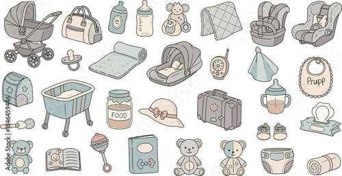 A delightful collection of essential baby items and accessories, rendered in a charming pastel vector illustration style, perfect for newborns.