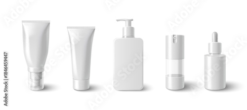 Skincare product mockup set with white cosmetic bottles, tubes and pump containers. Realistic beauty packaging of cream tubes, serum dispensers and blank skincare templates.