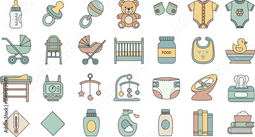 Adorable collection of essential baby items and accessories, featuring bottles, pacifiers, strollers, and clothing, presented in a charming flat vector illustration style.