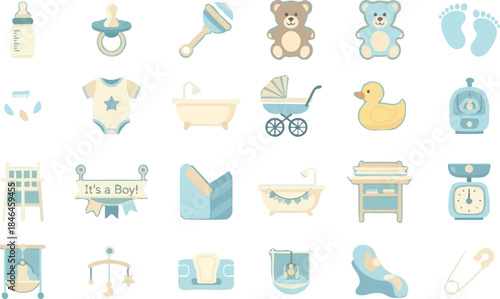Adorable collection of cute baby boy items and accessories in blue and beige colors, perfect for newborn celebrations and baby showers.