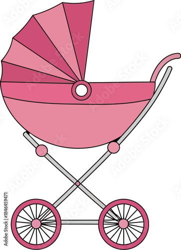 Charming pink baby carriage vector illustration featuring a classic pram design with a large hood and spoked wheels, ideal for newborn themes.