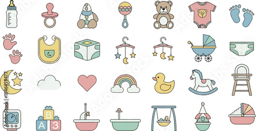 A comprehensive collection of colorful baby icons and childhood symbols, including toys, clothing, and care items, arranged neatly on a white background.