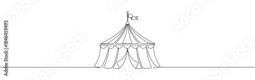 Continuous one line drawing of a circus tent. Vector illustration of carnival marquee with flag isolated on white background. Minimalist festival concept
