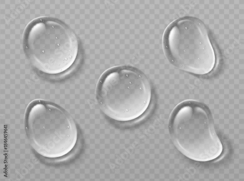 3D water or gel drops set isolated on transparent background. Vector realistic illustration of abstract cosmetic serum droplet top view, liquid skincare product texture, moisture oil or cream bubble