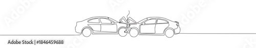 Continuous one line drawing of a car accident. Vector illustration of two cars colliding isolated on white background. Minimalist collision concept