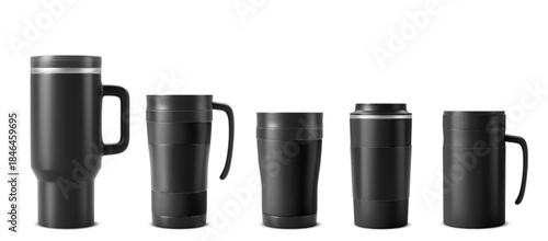 Tumbler cup mockup set isolated on white background. Vector realistic illustration of black thermo mugs for hot and cold drinks, stainless steel container with handle, lid and blank space for branding