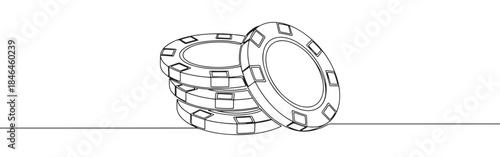 Continuous one line drawing of poker chips. Vector illustration of stacked casino tokens isolated on white background. Minimalist gambling concept