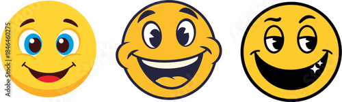 Collection of three expressive smiley face icons with diverse emotions and cartoonish designs