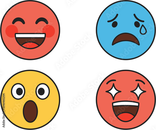 Colorful collection of expressive flat design emoji icons representing a spectrum of human emotions including joy, sorrow, surprise, and enthusiasm for digital communication