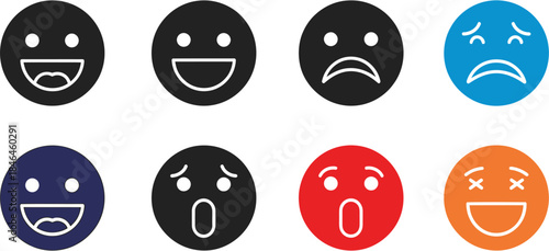Modern vector emoji icons illustrating a variety of emotional states, from delighted laughter to somber sadness and wide-eyed surprise, perfect for digital expression and user interface design