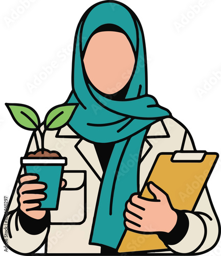 Muslim Scientist in Lab Coat Holding Plant and Clipboard Vector Illustration