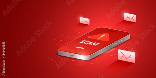 Digital Scam Warning on Mobile Phone Screen Vector - Cyber Security Alert Interface with Red Neon Glow Technology Background
