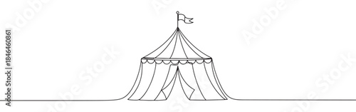 Continuous one line drawing of a circus tent. Vector illustration of carnival marquee with flag isolated on white background. Minimalist festival concept