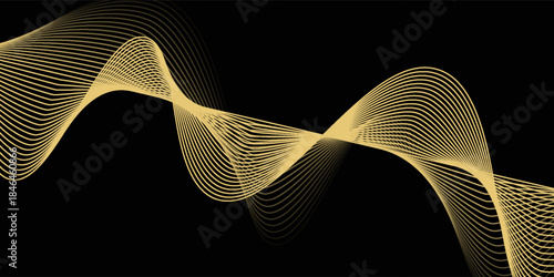 Abstract golden or yellow wave and curve lines background. Abstract frequency sound wave technology and science background. Wavy banner, template design.