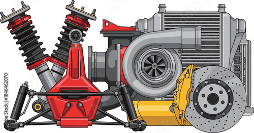 A detailed illustration of high-performance automotive components including suspension, turbocharger, engine parts, and disc brakes.